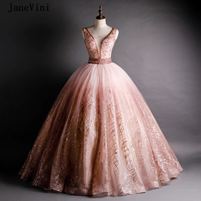 JaneVini блестящие длинные платья Quinceanera 2020 бальное платье без рукавов с глубоким