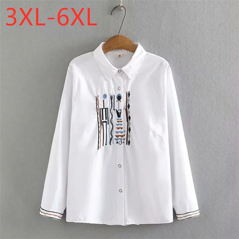 

Женская свободная рубашка с длинным рукавом, белая блузка из хлопка с вышивкой, размеры 3XL, 4XL, 5XL, 6XL, весна-осень 2021