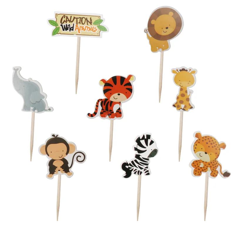 Baby Shower Party Elephant/Lion/Tiger Cupcake Toppers With Sticks Decorations Jungle Animal Theme Kids Favors Cake Toppers 24PCS
