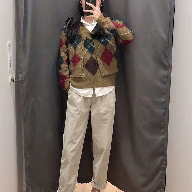 

sweater coat V Neck Single breasted knitted Cardigans Casual sweater new Autumn And Winter Women rhombus knitting