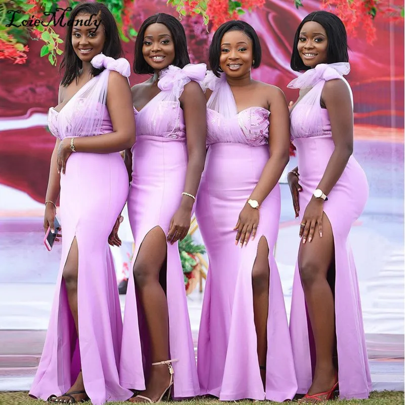 

Pink Mermaid African Bridesmaid Dresses 2022 Sexy One Shoulder High Split Long Trumpet Wedding Guest Dress Party For Women