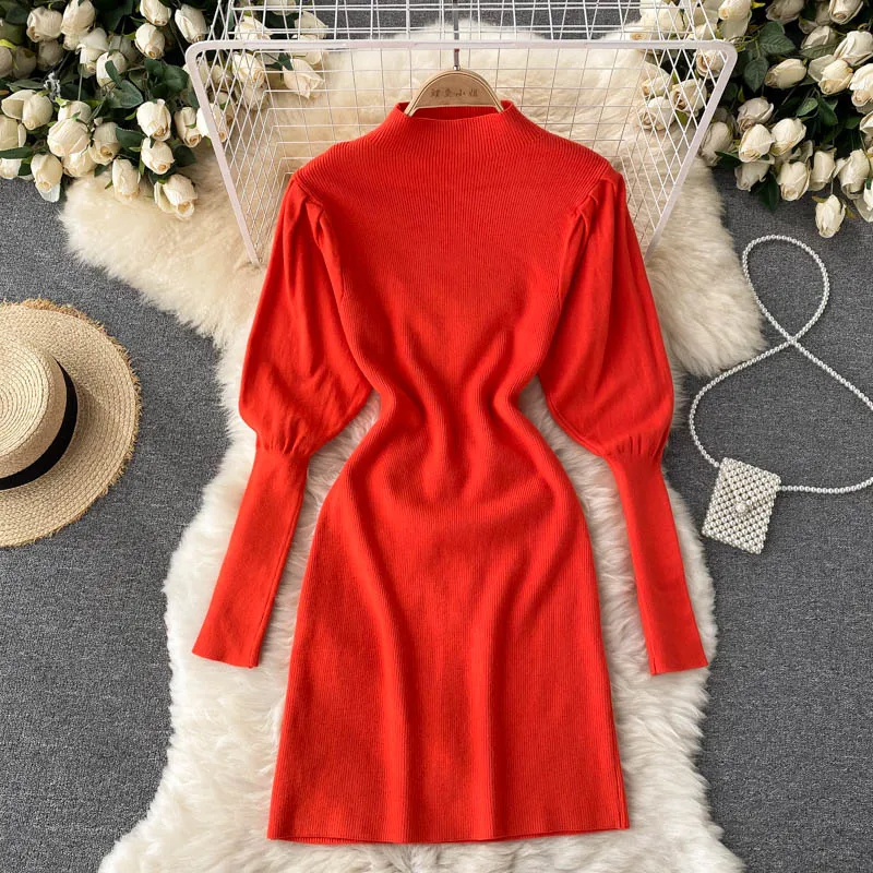 

2021 Winter Korean Warm Bodycon Sweater Dress Autumn Women Knitted Dress Long Sleeve Stand Collar Slim Pencil Dresses