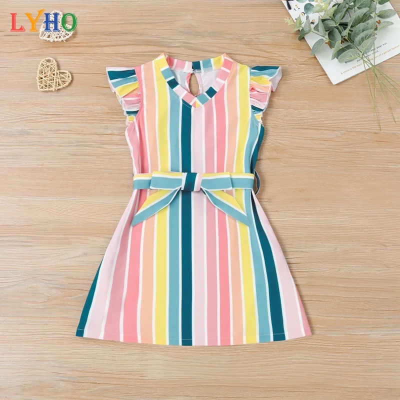 

New Fashion Girls Dresses Toddler Baby Girl Outfits Stripes Color Contrast Ruffle Stitching Dress Casual Children Clothes 2-7T