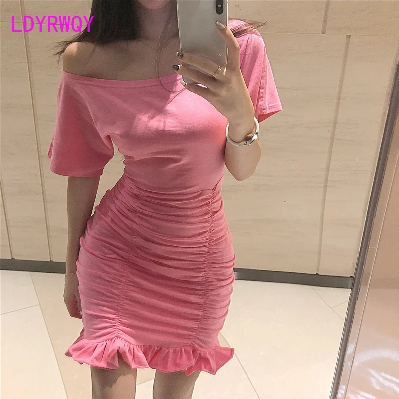 

[LDYRWQY] сексуальное Плиссированное облегающее женское весеннее платье с открытыми плечами на молнии до колена с вырезом лодочкой