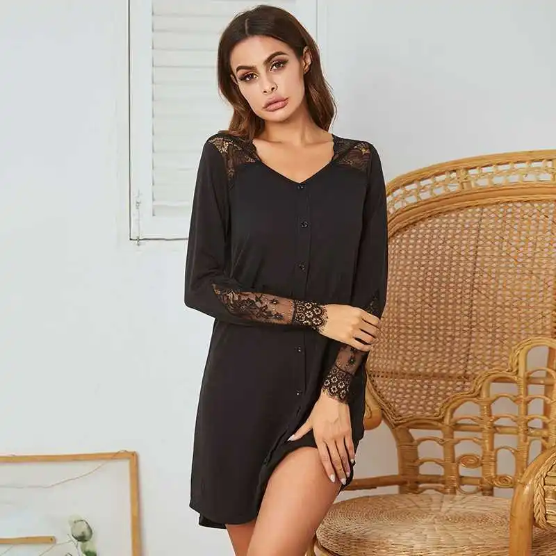 

Sexy Plus Size Women Nightgown Lingerie Women Casual Nightdress Ladies Lace Stitching Solid Color Nightgown Women Home Colthing