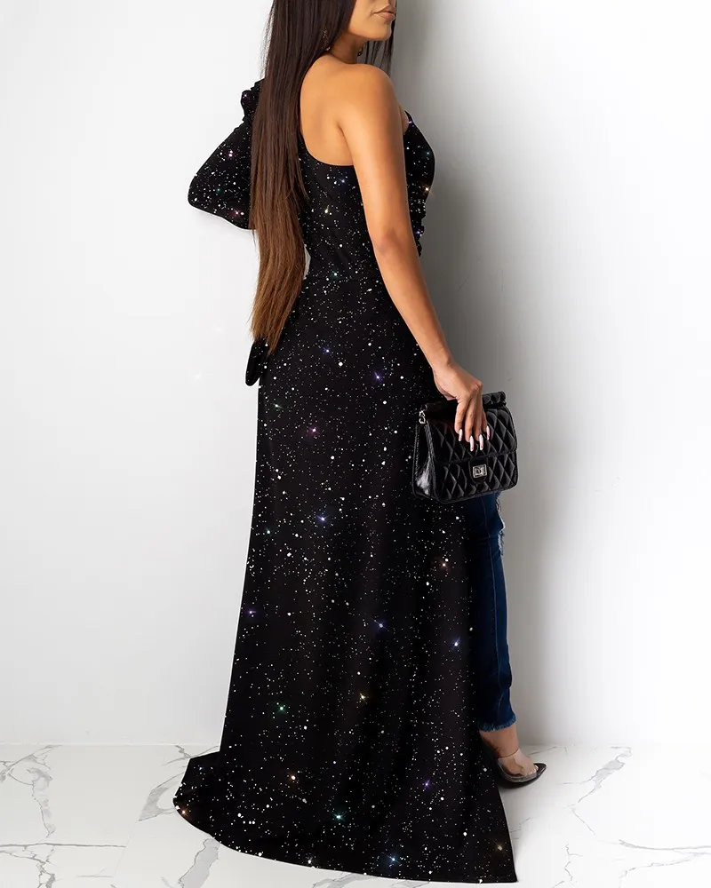 Женская блестящая блузка с длинным рукавом и буффами на одно плечо Асимметричный