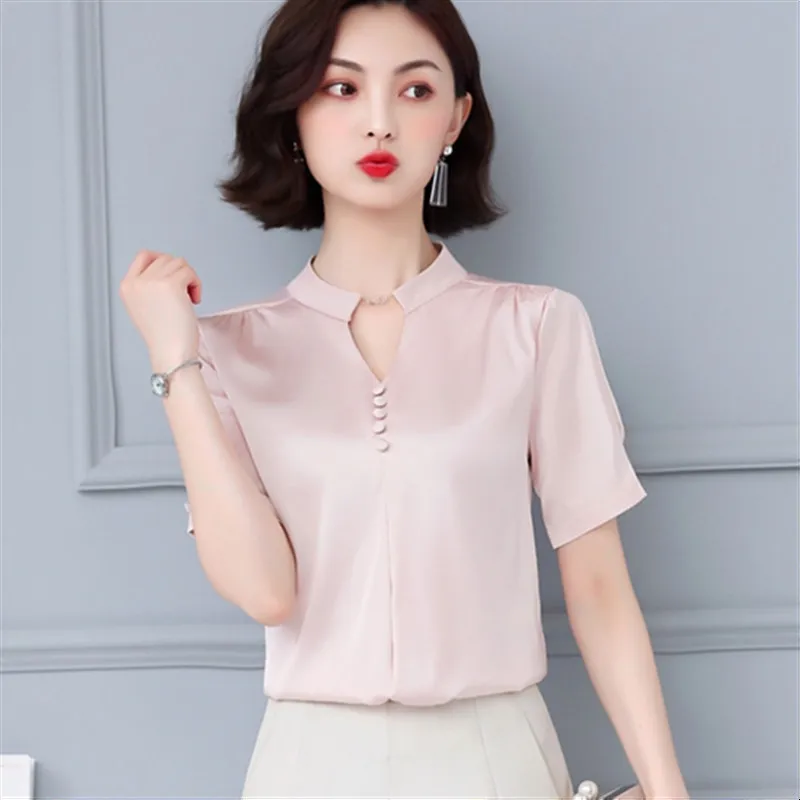 Женская шифоновая блузка с V-образным вырезом и коротким рукавом |