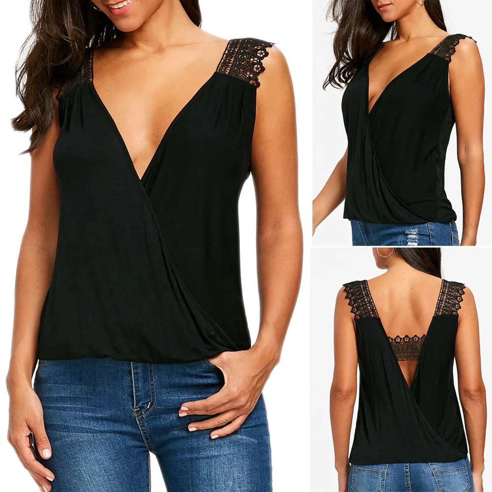 

Plus Size Fashion Women Lace Sexy V-Neck Backless Vest Tank Top Ladies T-shirts Casual Sleeveless Blouse Summer Female Blusa#Q