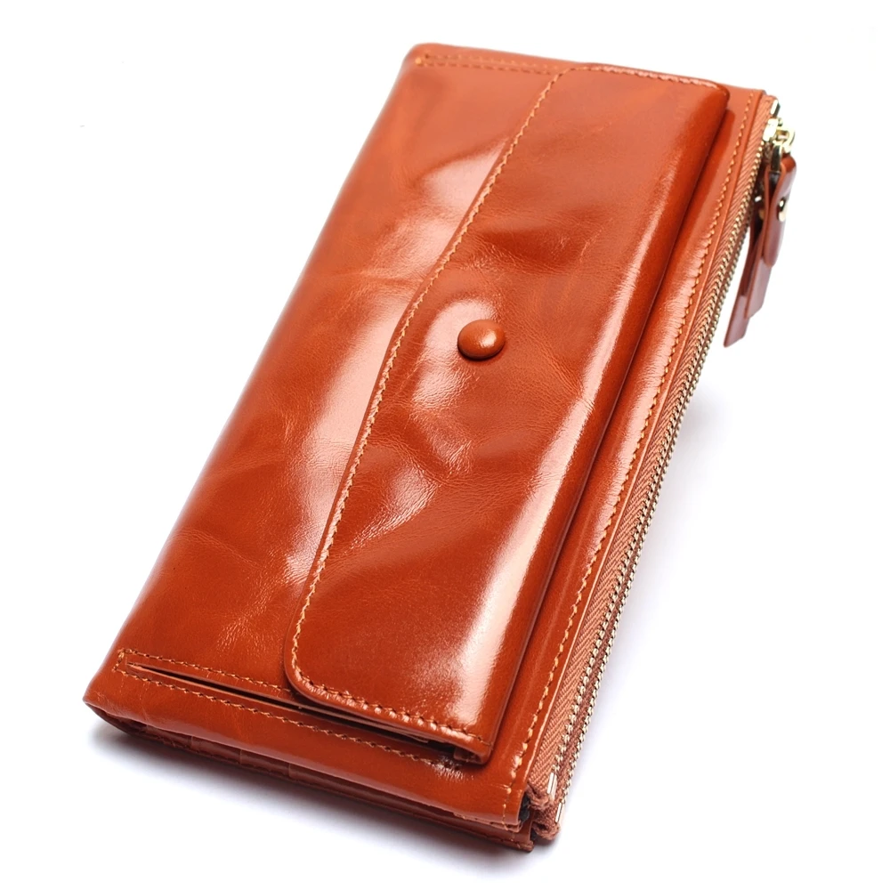

Can Hold Two Mobile Phones Women Retro Genuine Leather Long Wallet Oil Wax Multi-Card Holder Clutches Bag