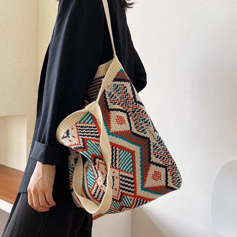 

Lady Knitting Gypsy Bohemian Boho Chic Aztec Tote Bag Women Crochet Woolen Open Shopper Top-handle Bag 2021 Female Daily Handbag