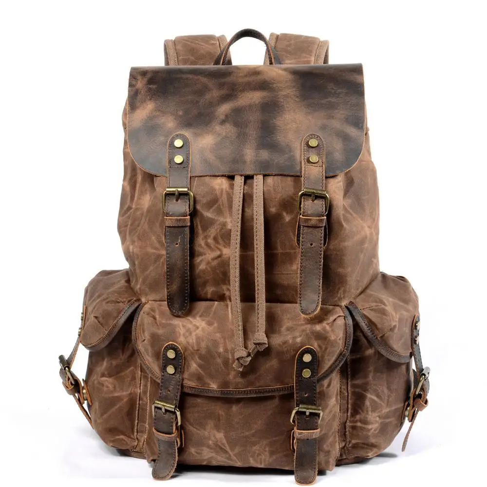 

Leisure Student Backpack Vintage backpack drawstring men's oil wax canvas bag European American trend inclined Travel Backpack