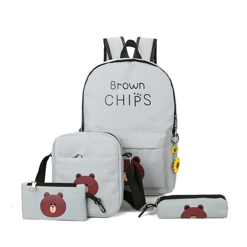 4pcs/set schoolbags Fashion bear printing school backpack Women travel shopping backpacks canvas student school bag for girls
