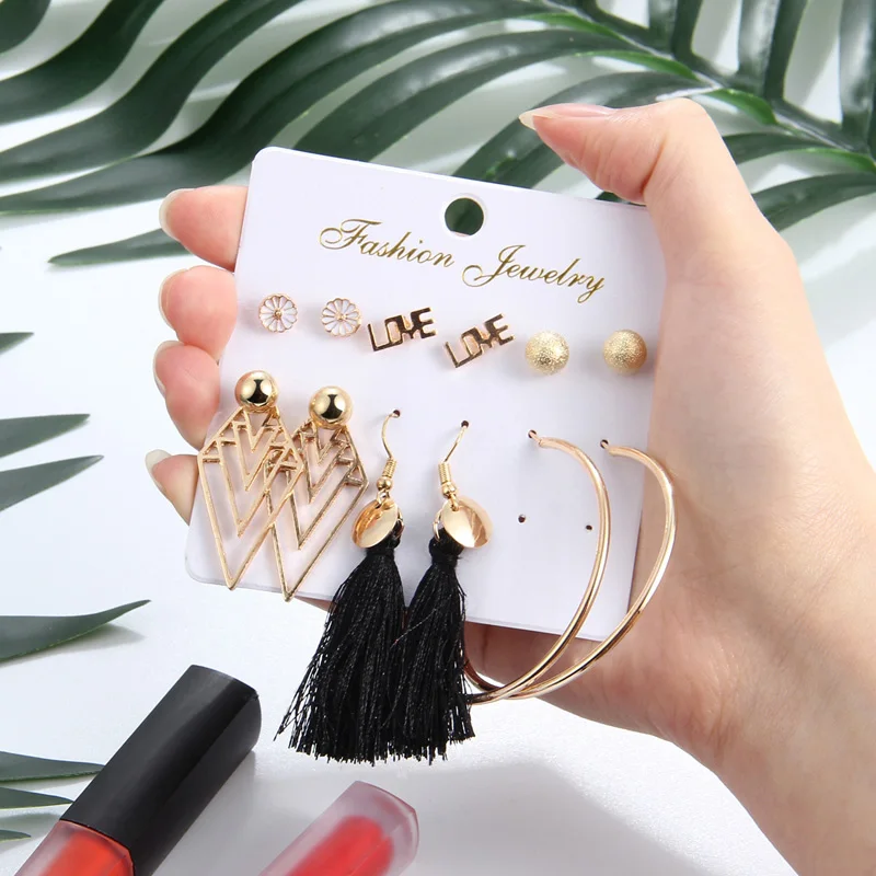 6 paires/ensemble mode gland rond boucles ensemble pour les femme la mixte noir acrylique longues ensembles | Украшения и