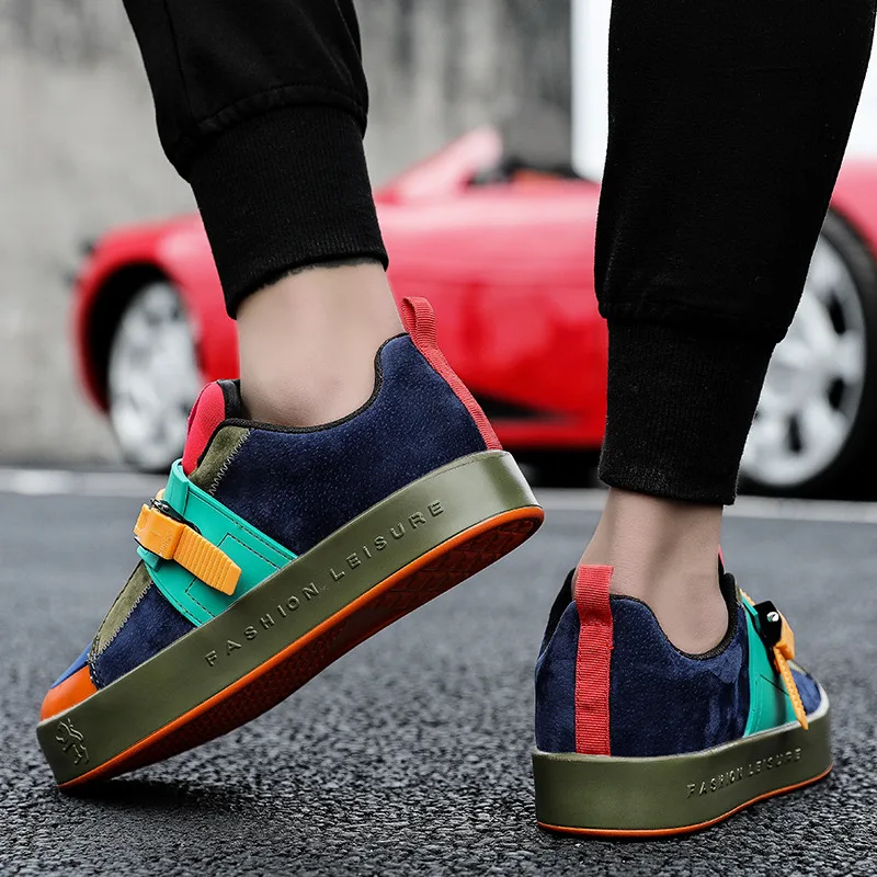 Кроссовки мужские на платформе дышащие сникерсы с цветной пряжкой микрофибра