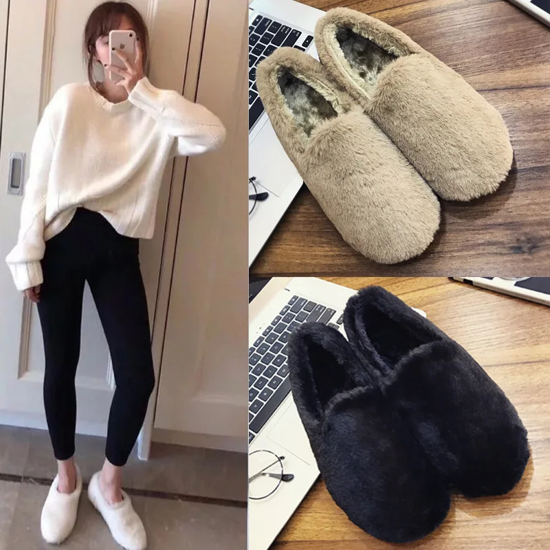 Модная женская меховая обувь Зимняя хлопковая на плоской подошве Женские мягкие