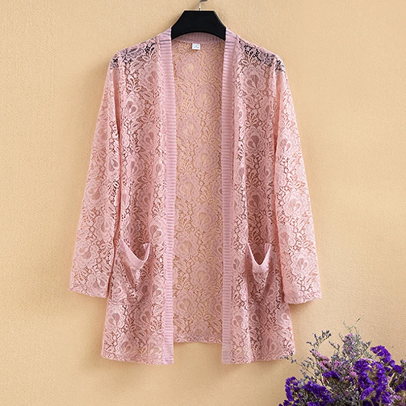 

Big Size Wind Breaker For Women Long Sleeve Solid Loose Thin Jackets 2021 New Summer Ladies Fashion Lace Joker Medium Long Coats