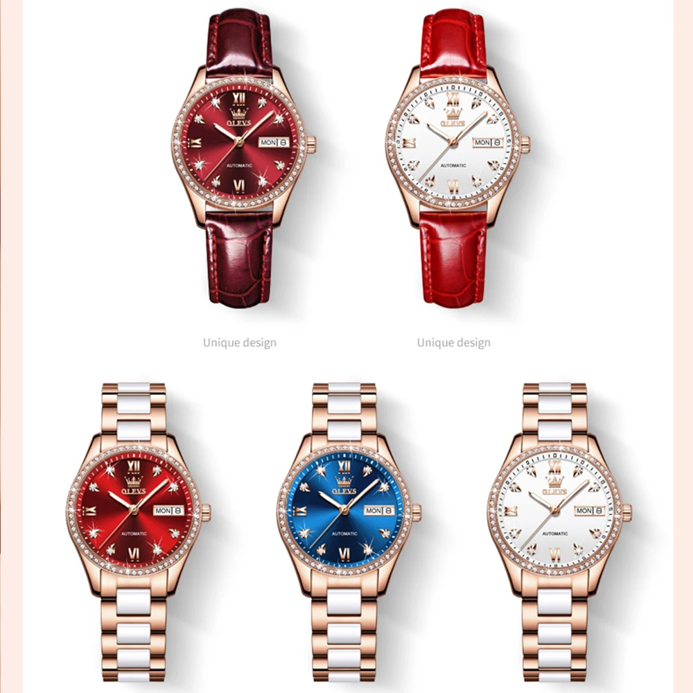 OLEVS Ladies Fashion Red Watch Ladies Watch Luxury Top Brand Mechanical Watch Ladies Ceramic Watch Relogio Feminino Montre Femme enlarge