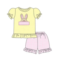 new style baby girls clothing set handmade embroidery yellow rabbit top shirt pink floral casual sports shorts pants