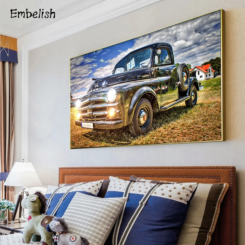 

1 Pieces Vintage Car On The Grassland Landscape Wall Pictures For Living Room Home Decor Posters HD Canvas Paintings