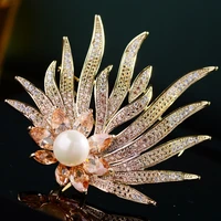 new elegant coral flower pearl brooch pin shining cubic zircon brooches for women clothing pin coat accessories female corsage
