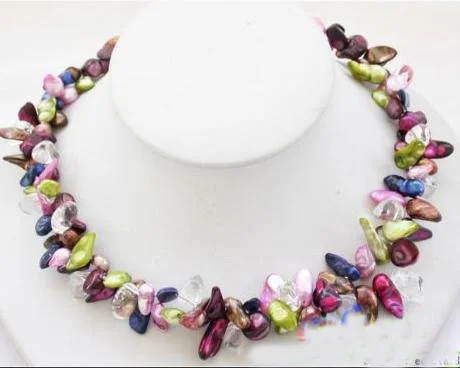 

New Arrival Baroque Pearl Necklace 2 Rows Green Purple Pink Biwa Real Freshwater Pearls Crystal Beads Fashion Jewelry Women Gift