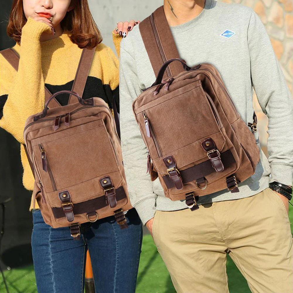 Рюкзак из холста для школы и активного отдыха с кожаными ручками и сумкой через плечо (Кофе)