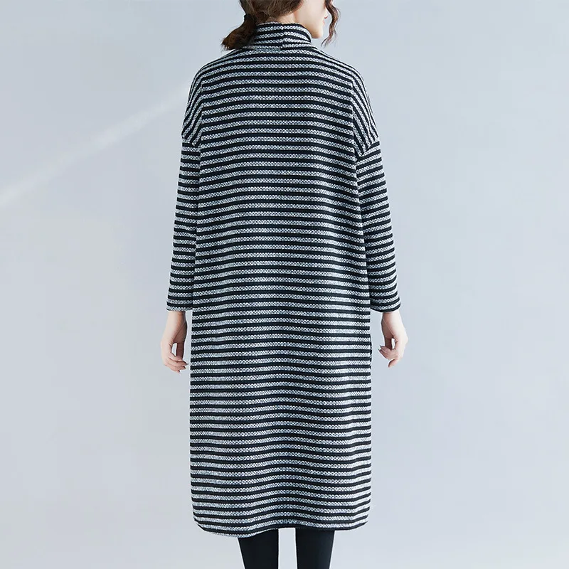 Новинка 2019 корейское Полосатое женское платье с высоким воротом Осеннее