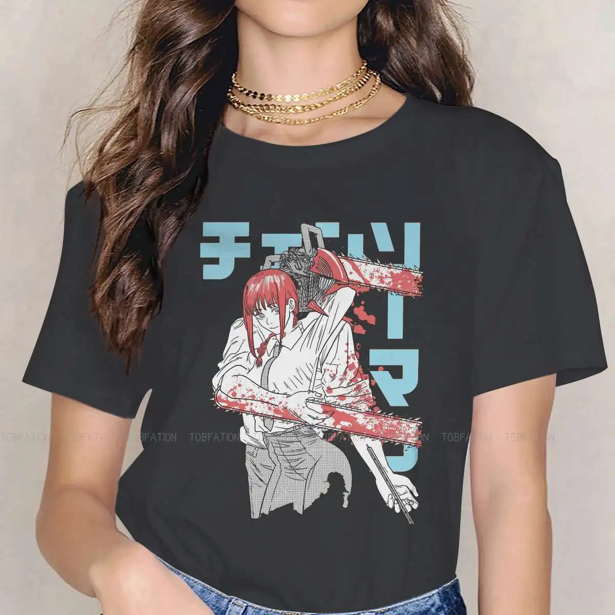 

Chainsaw Man Denji Makima Aki Manga Girls T Shirt Blue Female Tops Harajuku Funny Tees Ladies 4XL Cotton Tshirt