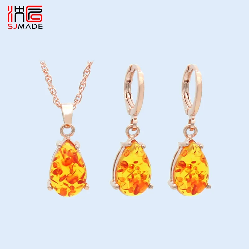 

SJMADE Korean New Fashion Water Drop Imitation Ambers Dangle Earrings Jewelry Sets For Women Girls Jewelry 585 Rose Gold Eardrop