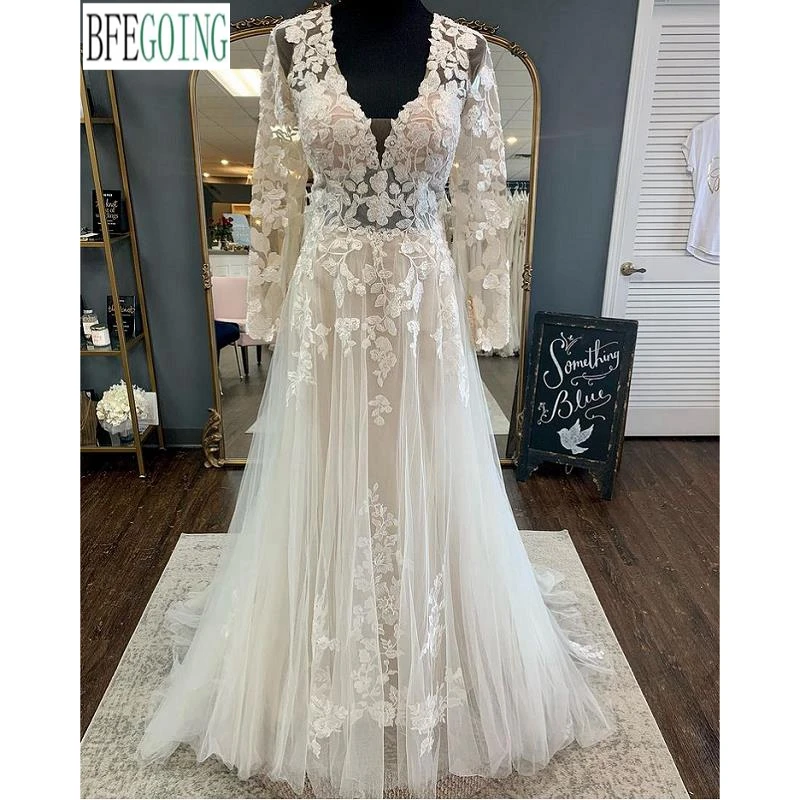

Ivory Lace Tulle Beading V-Neck Long Sleeves Floor-Length A-Line Wedding Gowns Chapel Train Custom Made Bridal Dresses