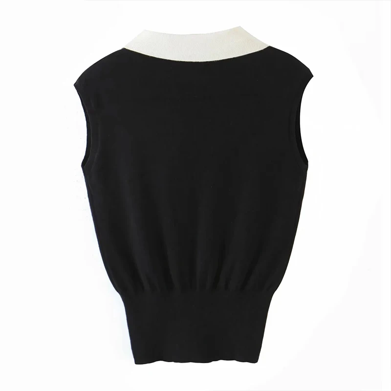 Женский трикотажный жилет-Поло черный вязаный укороченный топ без рукавов