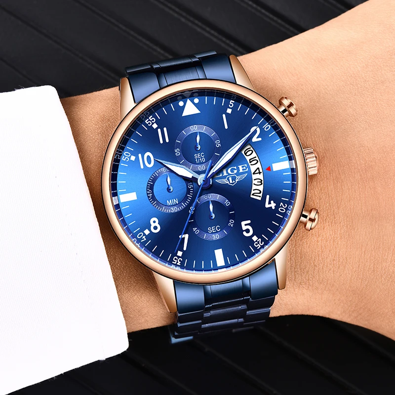 Часы наручные LIGE мужские с хронографом брендовые Роскошные водонепроницаемые