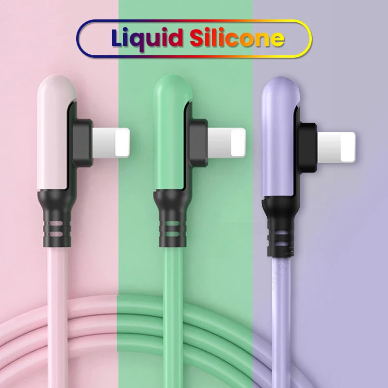 

3A 90 Degree USB Cable For iPhone 13 12 11 Pro Max X XR XS 8 7 6 Fast Charging Charger Liquid Silicone Data Cable 0.3/1.2/1.8M