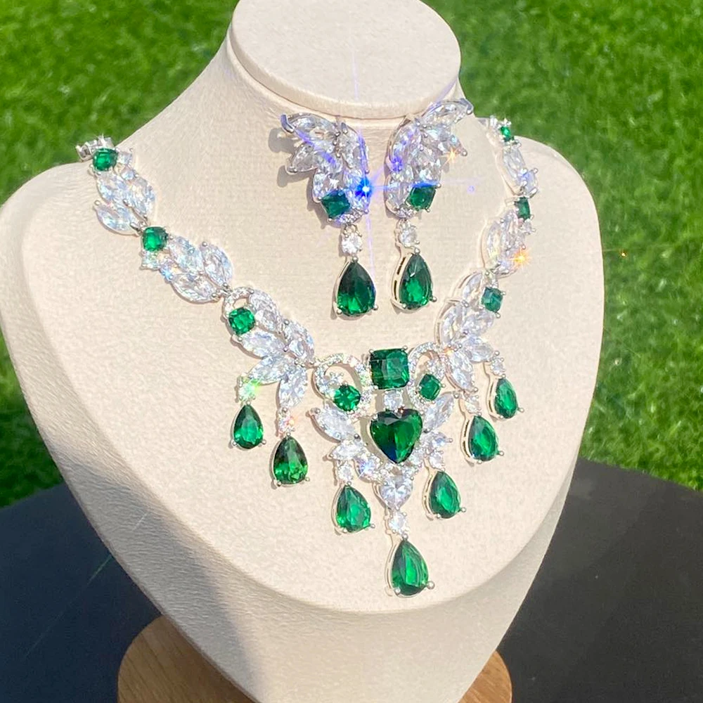 

Nigerian Bride Zircon 2 Piece Necklace, Women's Jewelry Set, Dubai Nigeria Green Crystal CZ Necklace, Wedding Jewelry Set