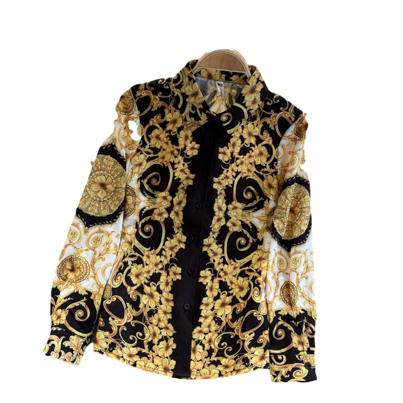 

Spring and Autumn New Bohemian Retro Lapel Loose and Thin Trend Printing European American Shirt UK766