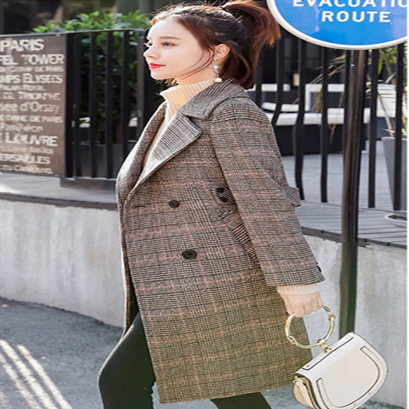 2019 весна осень Женское шерстяное клетчатое Пальто Новое Модное Длинное