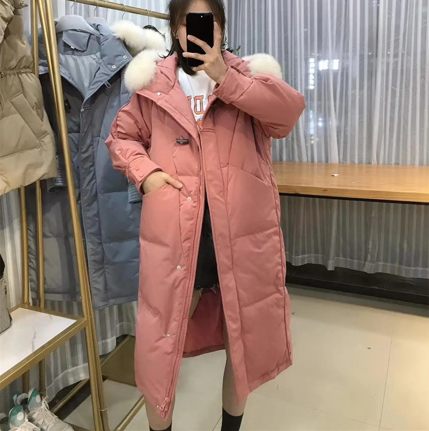 

Женский пуховик с капюшоном, длинная теплая куртка на белом утином пуху, Воротник из 2021 натурального меха лисы, верхняя одежда, зима 90%