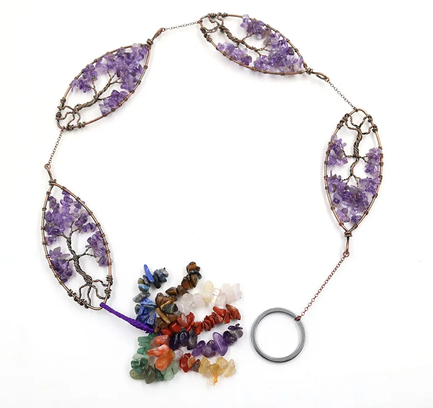 

Copper Wire Wrap Tree of Life Marquise Shape Amethysts Stone Pendant Yellow Citrines Crystal Healing Chakra Jewelry