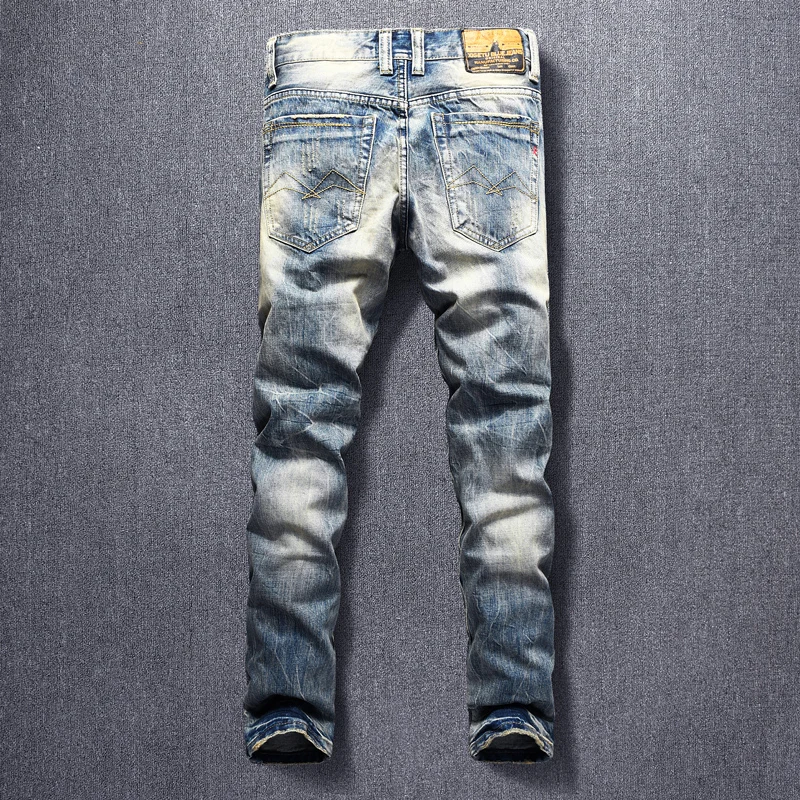 Newly Designer Fashion Men Jeans High Quality Retro Blue Destroyed Slim Fit Ripped Jeans Men Streetwear Vintage Denim Punk Pants