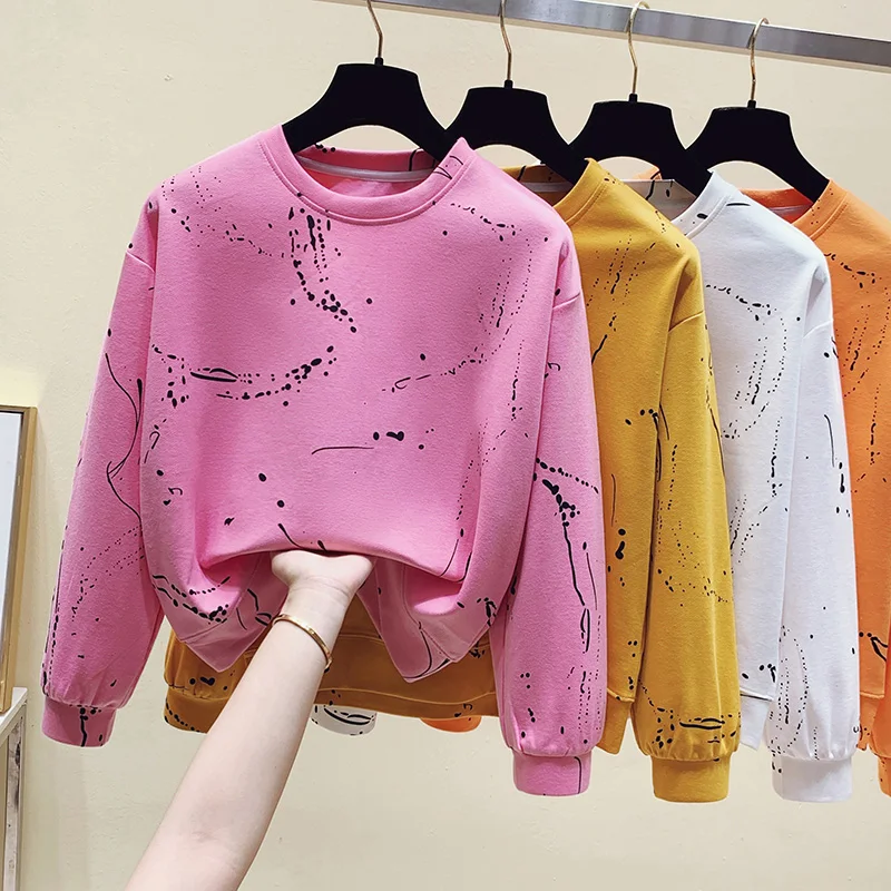 

Autumn High Street Korean Design Sweatshirt Tie Dye O-Neck Short Pullover Tops Moletom Feminino 2021