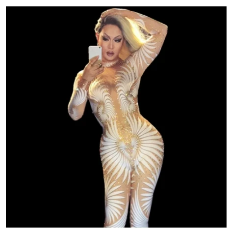 Певица танцовщица костюмы DJ комбинезон с 3D-печатью и кристаллами сверкающий