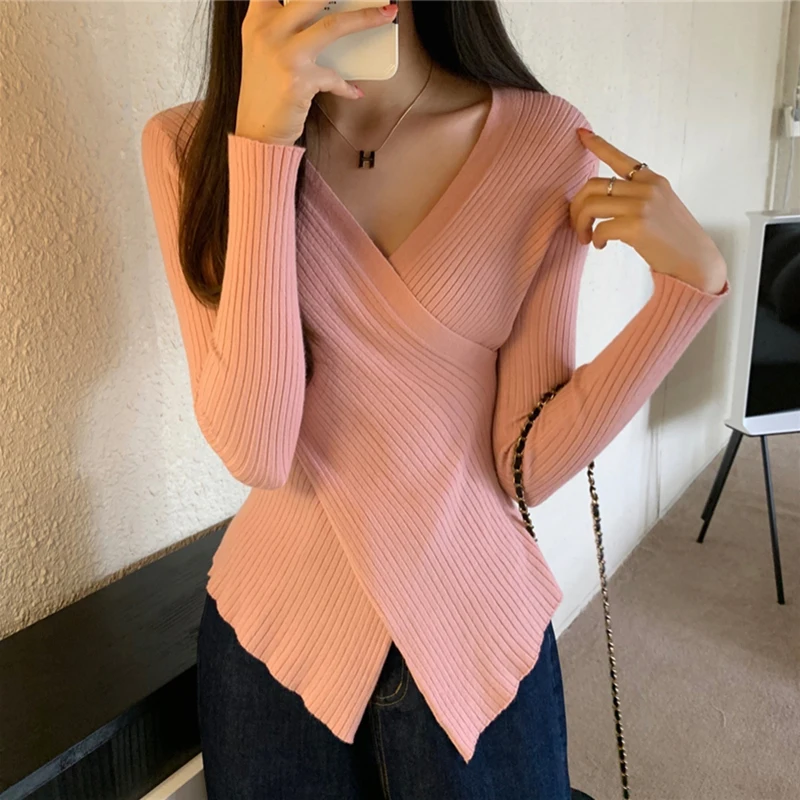 

Knitted Pullover Womens Winter New Long Sleeve V Neck Solid Casual Knitwear Femme Criss-Cross Asymmetrical Slim Sweters Femme