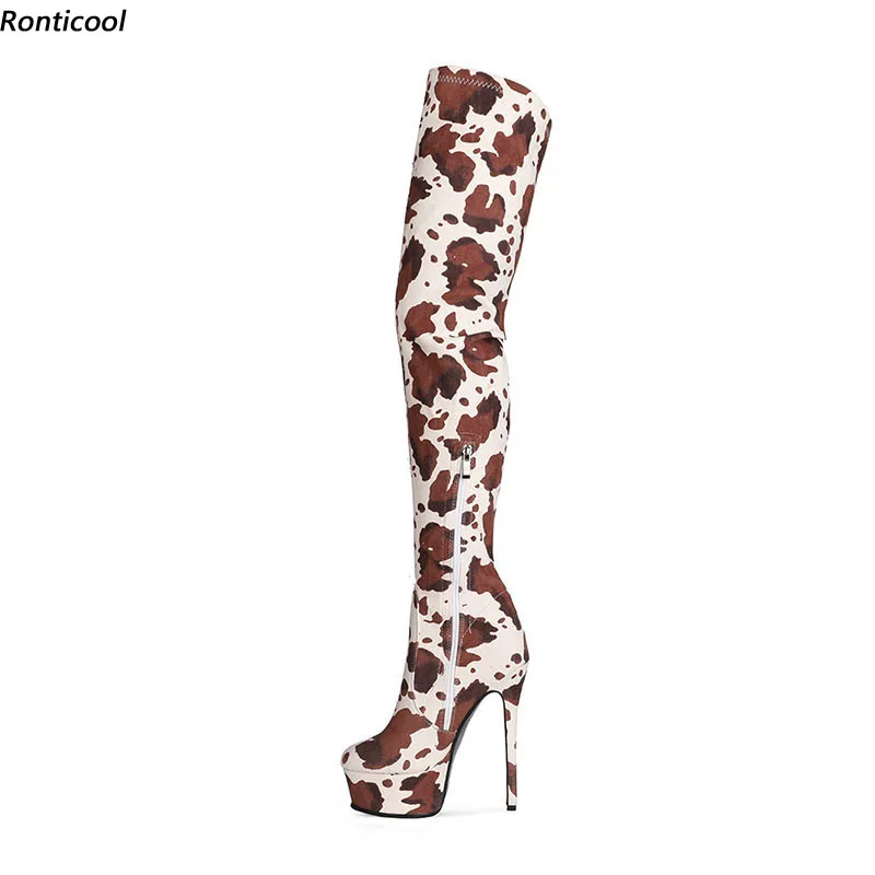 Ronticool женские сапоги выше колена с гибким сексуальным коровьим узором на высоком