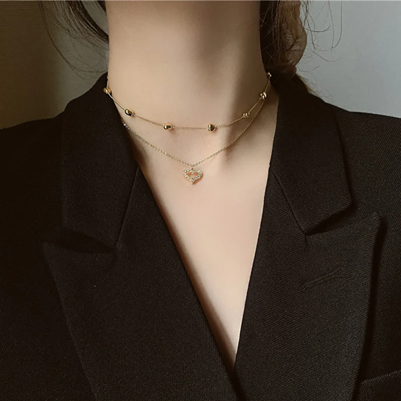 

New gold double layer chain necklace full of rhinestone heart shape pendant clavicle chain necklace holiday gift for women