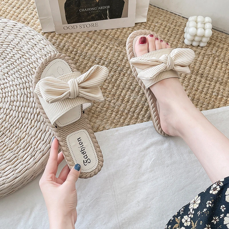 

Shoes Woman 2021 Slippers For Swimming Pool Luxury Slides Low Butterfly-Knot Pantofle Beach Flat Designer Summer New Basic Cotto