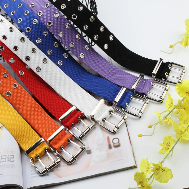 

Women Belts Ladies 2-Row Metal Grommets Canvas Long Casual Belt