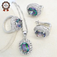 925 silver bridal jewelry set for women rainbow zirconia hoop earrings necklace pendant ring party birthday gift