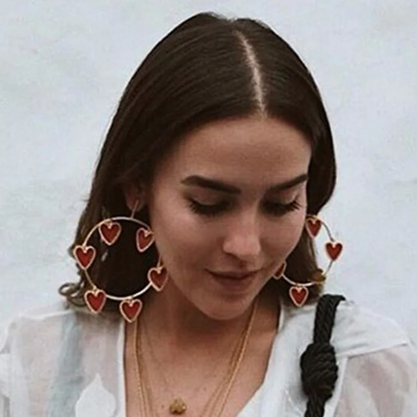 Женские Висячие серьги Red Heart Charm с большой петлей эффектные золотистые уличные