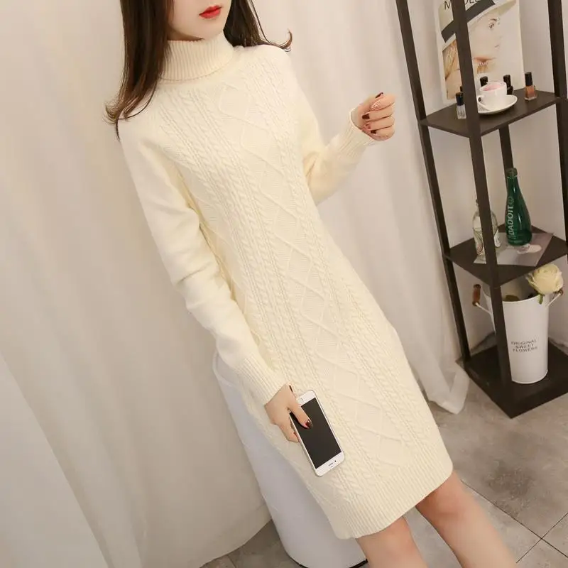 

2021 Autumn Winter Women Turtleneck Knitted Dress Female Solid Long Sleeve Casual Elegant Sweater Dress Lady Thick Vestido N177