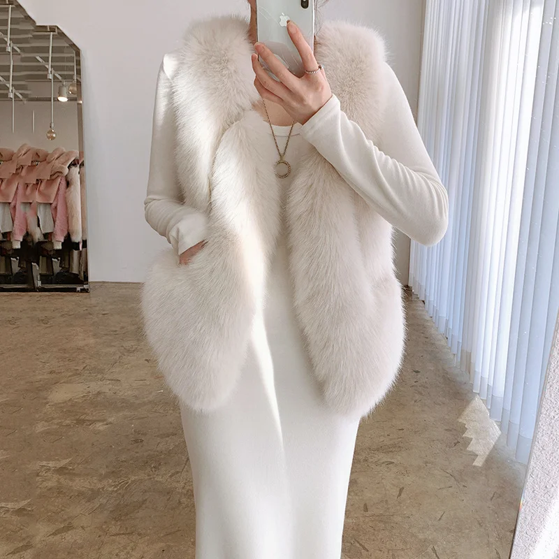 

Korean Chic Casual Women New Solid Color V-neck White Imitation Mink Fur Sleeveless Vest Coat Autumn 2021 Fashion Fur Jackets